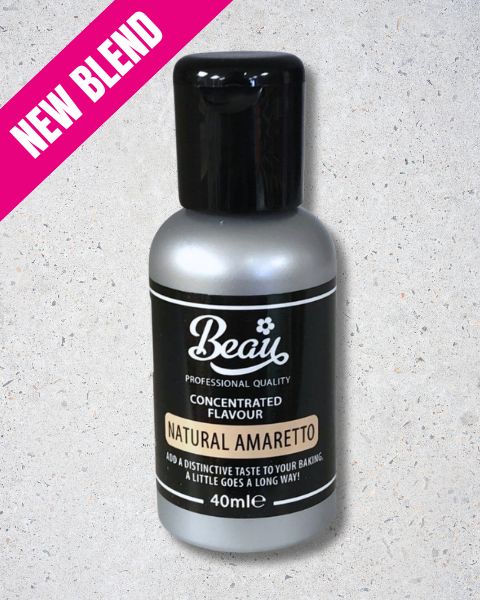 Bottle of Beau Natural Amaretto flavor concentrate on a textured gray background with pink banner.