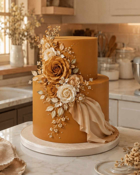 Decorative cake covered with Autumn Gold sugarpaste by Beau products, with flowers on a kitchen counter.