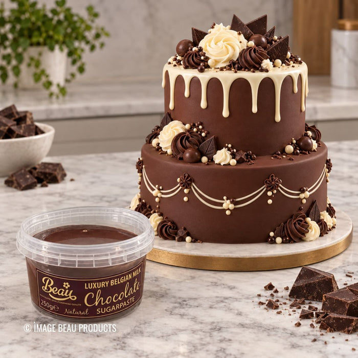 A two-tier chocolate cake decorated with cream icing, chocolate rosettes, and chocolate pieces, displayed on a marble board next to a tub of Beau's Chocolate Sugarpaste on a marble countertop.