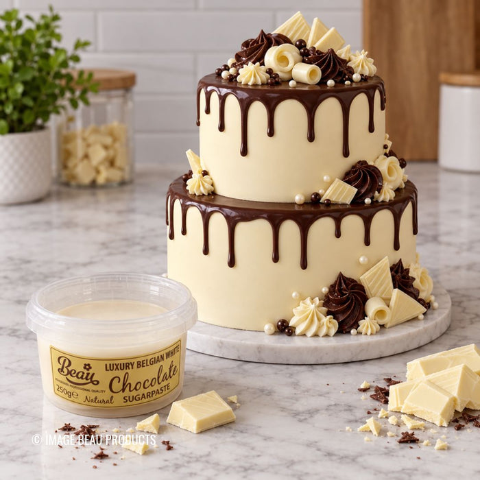 A two-tiered chocolate and cream cake decorated with chocolate drippings, piped cream frosting, chocolate swirls, and white chocolate pieces, displayed on a marble surface with a tub of Beau's Chocolate Sugarpaste in the foreground and chocolate pieces scattered around.