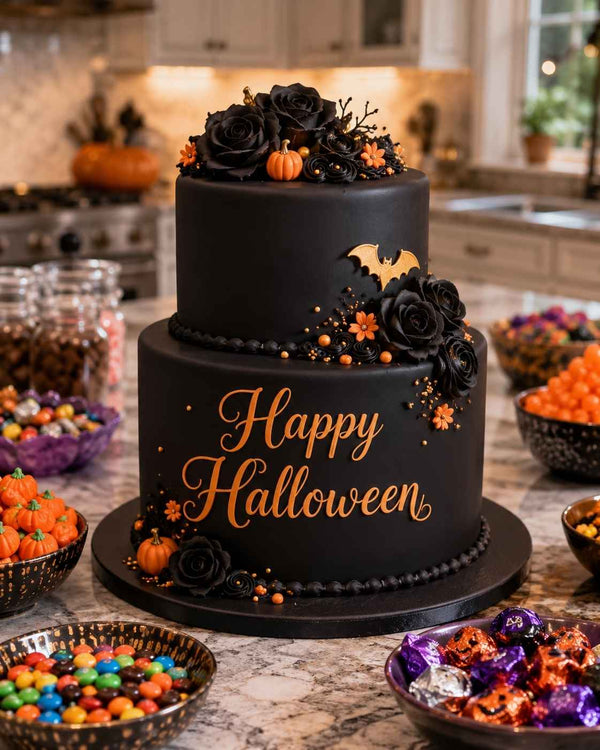 Black Halloween cake made with black Beau products sugarpaste, with decorative elements located on a kitchen counter. 