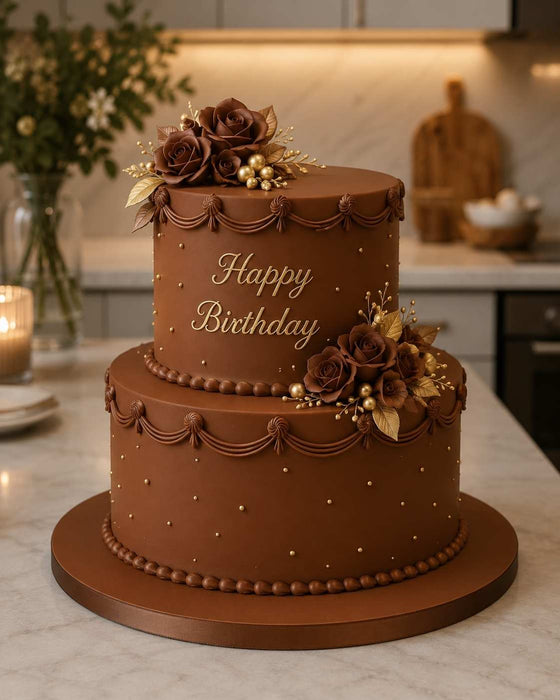 Two-tiered chocolate birthday cake made with Beau Products Chocolate Brown sugarpaste, with floral decorations on a kitchen counter.
