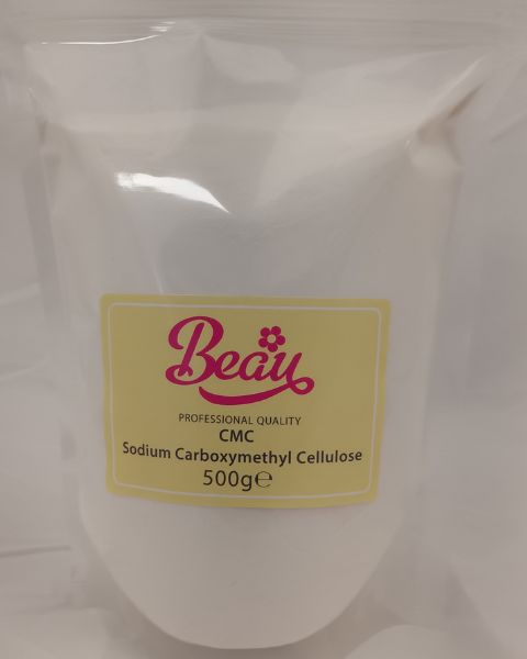 Bag of CMC Sodium Carboxymethyl Cellulose with 'Beau' label on a white background