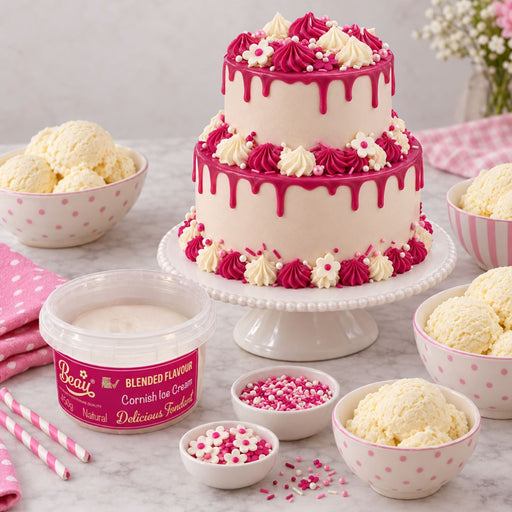 A two-tier decorated cake on a white pedestal stand, surrounded by bowls of vanilla ice cream, pink sprinkles, and a tub of Beau's Blended Flavour Cornish Ice Cream. The cake is decorated with white frosting, pink frosting, and white flowers.