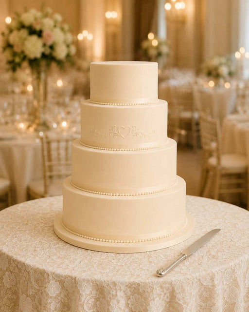 Five-tiered wedding cake covered with Ivory coloured sugarpaste by Beau products, on a table with a decorative tablecloth in a banquet hall setting.