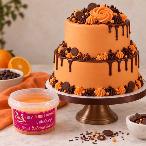 A two-tier orange cake decorated with chocolate drizzle, orange rosettes, and chocolate chips on a pedestal stand, with a tub of Beau's Blended Flavour Jaffa Orange frosting in the foreground and orange slices and bowls of toppings on a light marble surface.