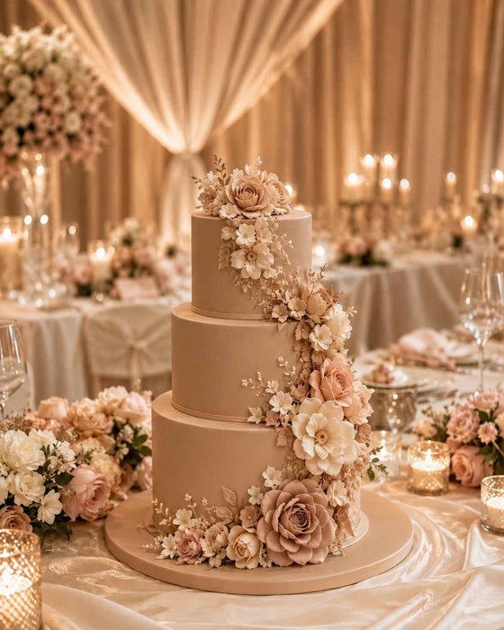 Four-tiered wedding cake covered with Mink coloured sugarpaste by Beau products, with floral decorations in a elegant banquet hall setting.
