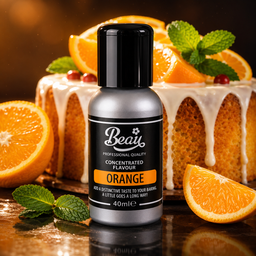 A bottle of Beau Professional Quality Concentrated Flavour Orange, 40ml, centered in front of a decorated cake with orange slices and mint leaves.