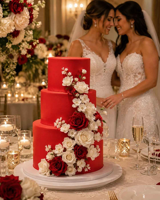 Red wedding cake covered with Beau products Red Poinsettia sugarpaste with white flowers on a table with two brides in the background.