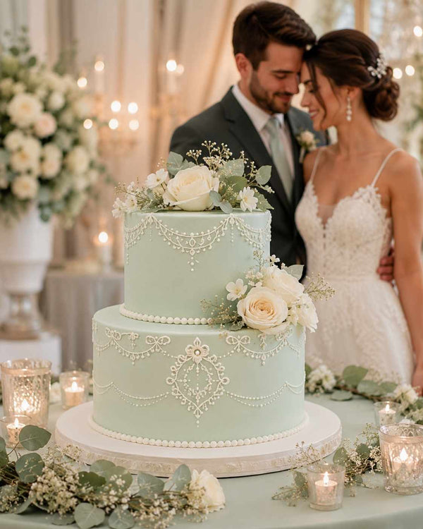 Wedding cake covered with Soft Sage coloured sugarpaste from Beau products, with floral decorations in front of a bridal couple.