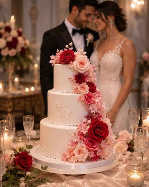 Wedding cake decorated with white flowerpaste with red and pink flowers in front of a couple in formal wedding attire.
