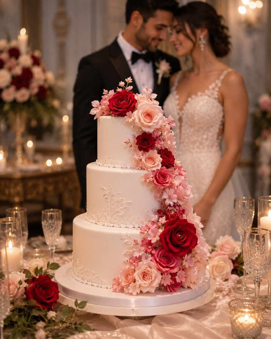 Wedding cake decorated with white flowerpaste with red and pink flowers in front of a couple in formal wedding attire.